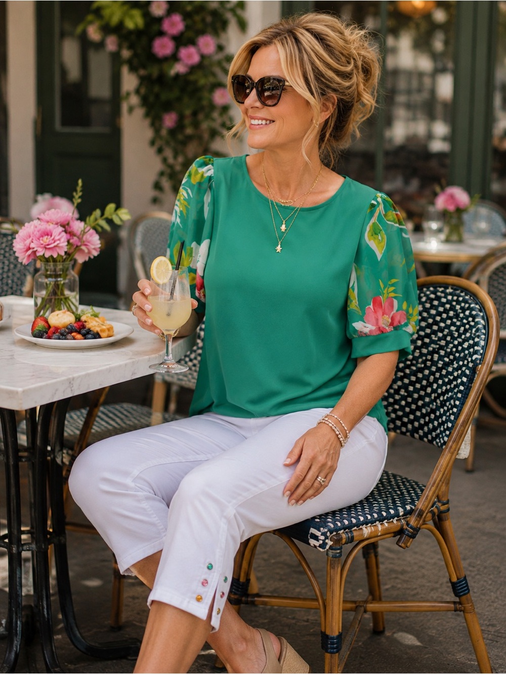 Green Puff-Sleeve Floral Top - Women's Elegant Blouse